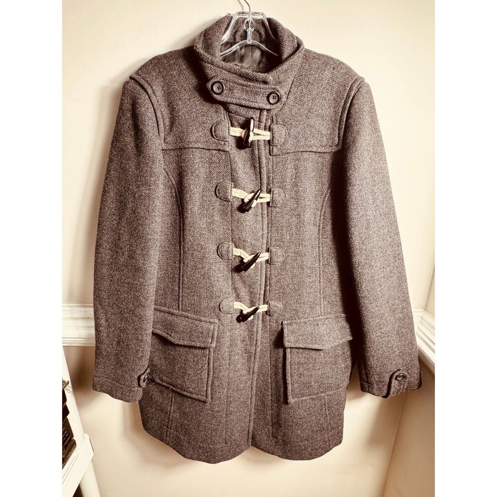 Vintage Banana Republic Gray Wool Duffle Coat Women Large Safari Travel Jacket